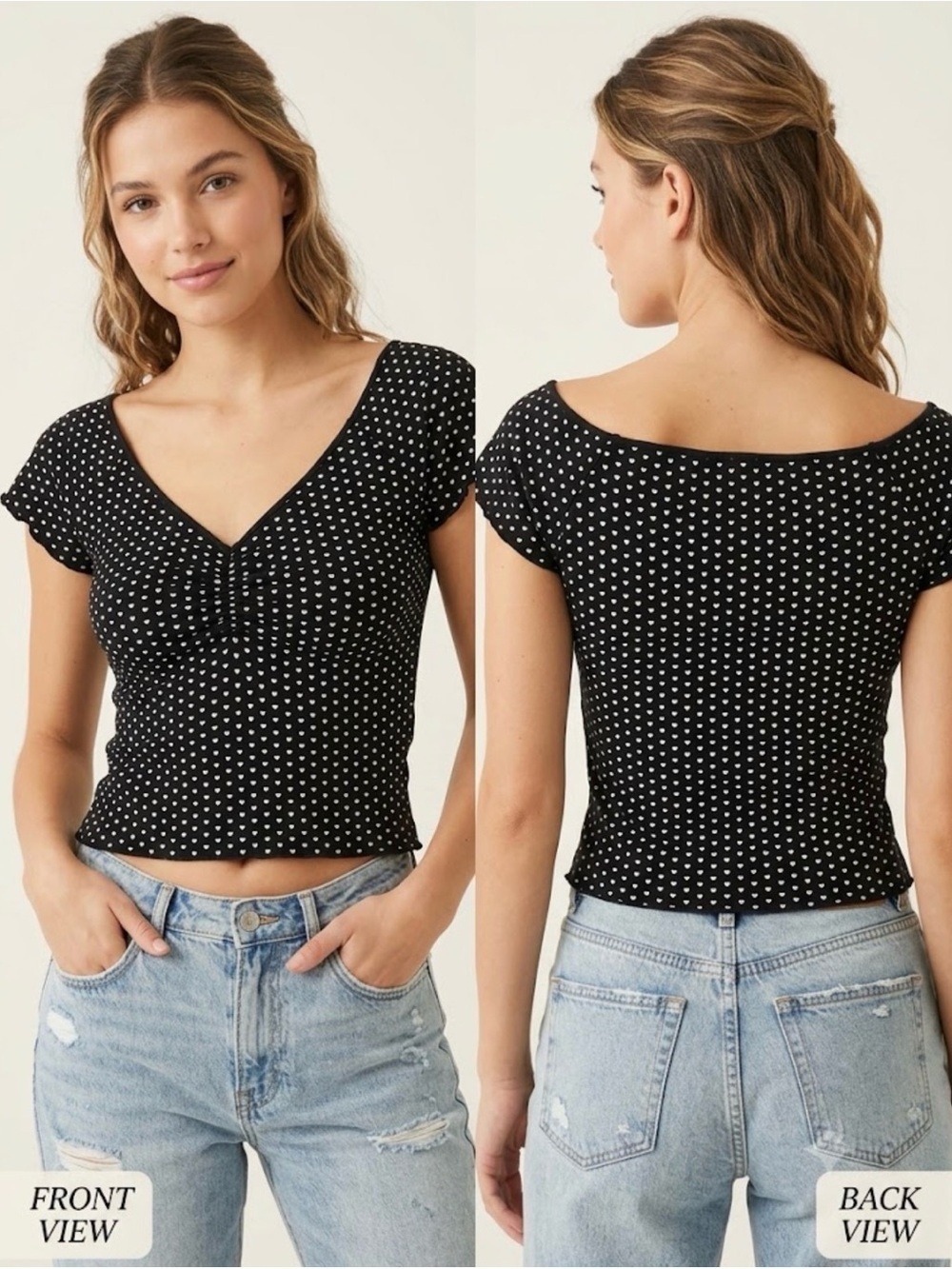 Brandy Melville Black Heart-Print V-Neck Top